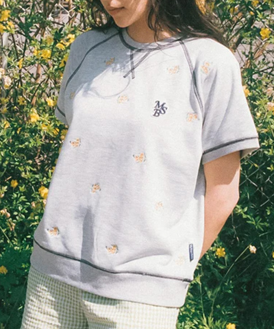 msb patch flower embroidery pattern short sleeve sweat -杢グレー-