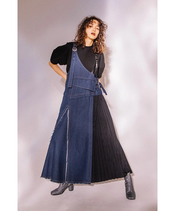 SIDE TULLE PLEATED DENIM JUMPER SKIRT -INDIGO-