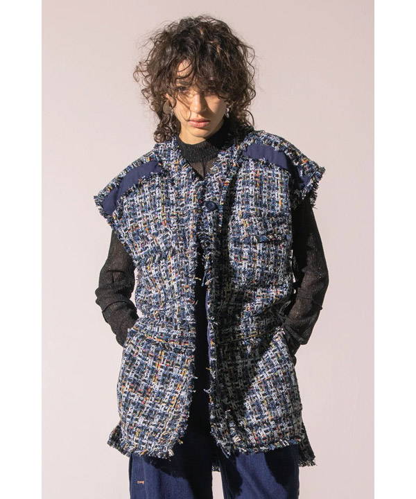 AULA AILA(アウラアイラ)/ TWEED FRINGE VEST -BLUE- | Blue in Green