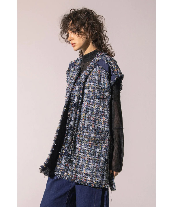 AULA AILA(アウラアイラ)/ TWEED FRINGE VEST -BLUE- | Blue in Green