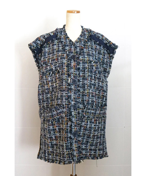 TWEED FRINGE VEST -BLUE-