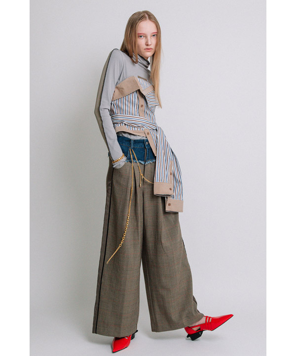 DENIM COMBINATION WIDE PANTS -キャメル-