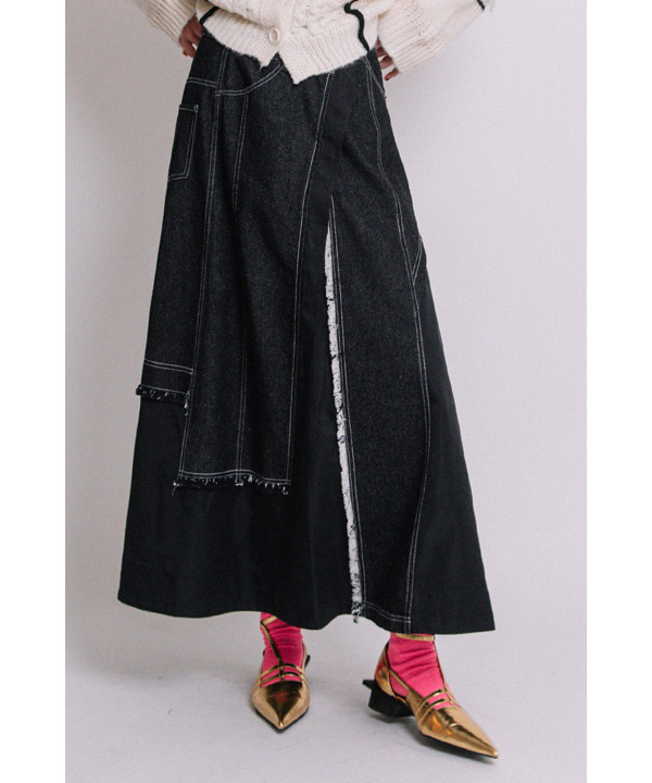 DENIM COMBINATION TAFFETA SKIRT -ブラック-