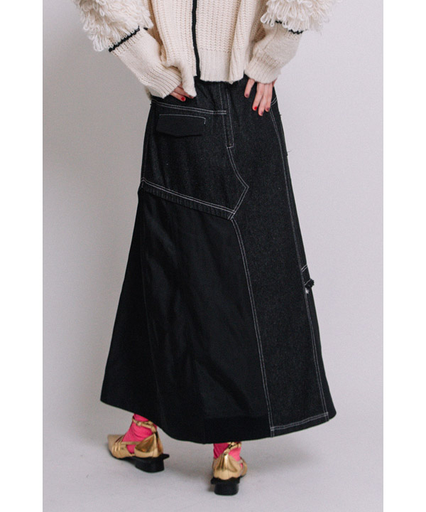 DENIM COMBINATION TAFFETA SKIRT -ブラック-