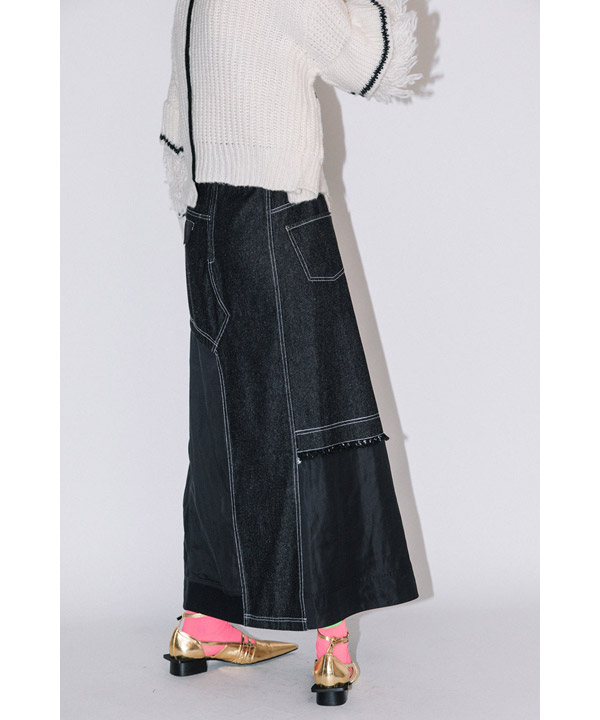 DENIM COMBINATION TAFFETA SKIRT -ブラック-