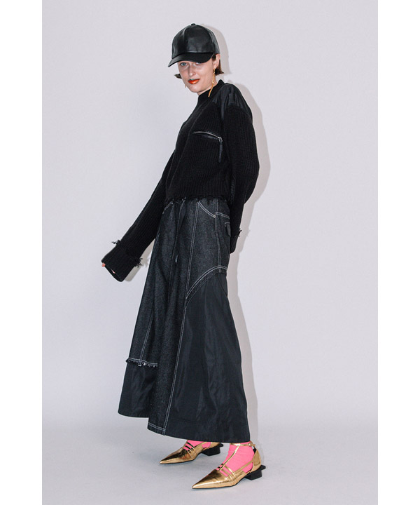 DENIM COMBINATION TAFFETA SKIRT -ブラック-