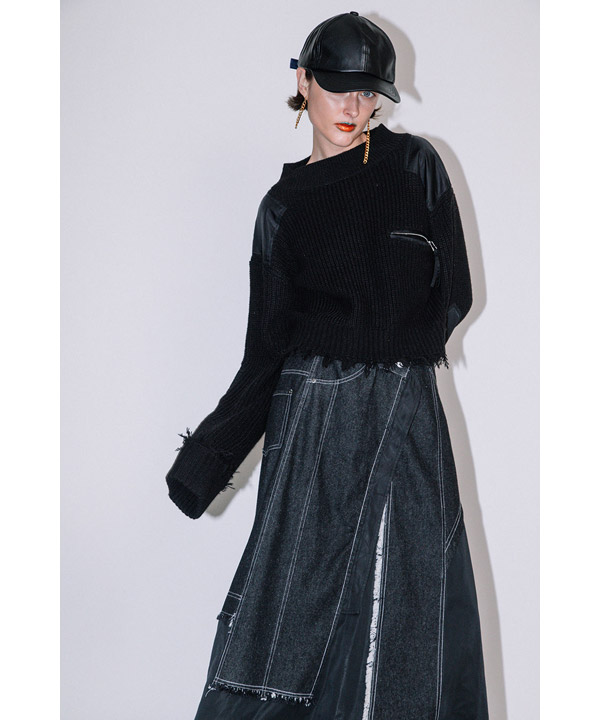 DENIM COMBINATION TAFFETA SKIRT -ブラック-