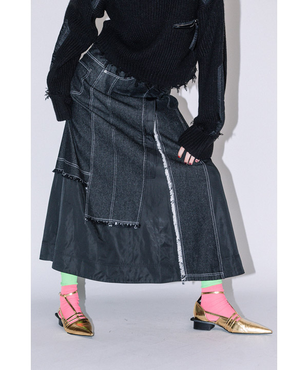 DENIM COMBINATION TAFFETA SKIRT -ブラック-