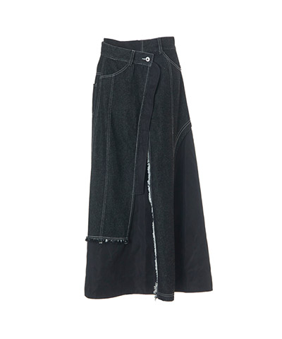 DENIM COMBINATION TAFFETA SKIRT -ブラック-