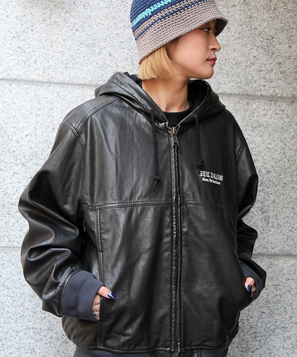 WASHED FAUX LEATHER PARKA -ブラック-