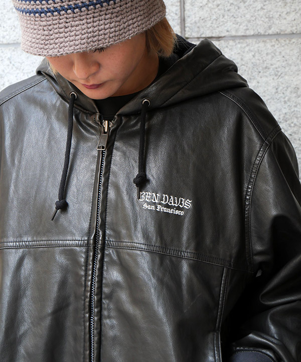 WASHED FAUX LEATHER PARKA -ブラック-