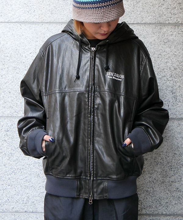 WASHED FAUX LEATHER PARKA -ブラック-