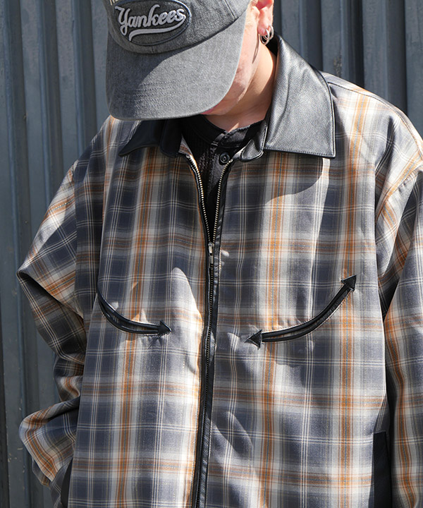 Leather Collar Jacket -チェック-