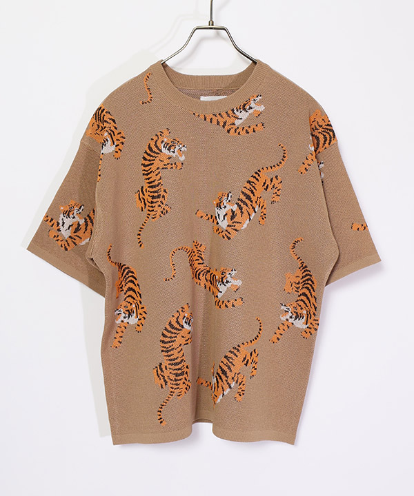 トラ総柄 WJQD CREW NECK S/S(ベージュ)