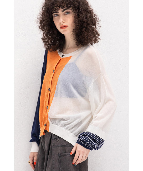 COLOR BLOCK SHEER KNIT CARDIGAN