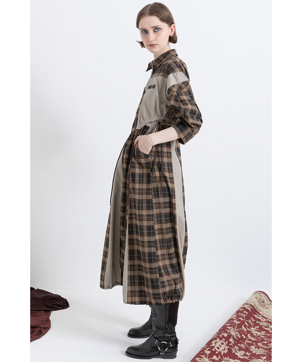 DRAWSTRING CHECK SHIRT ONE PIECE -ブラウン-