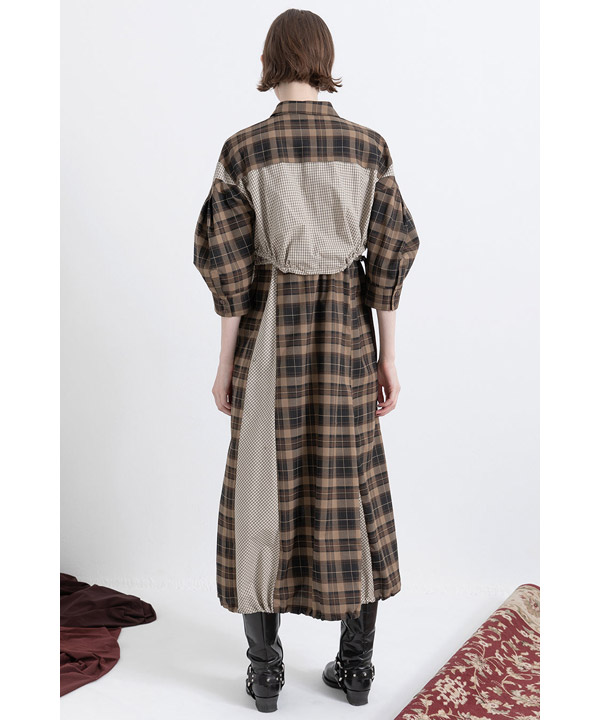 DRAWSTRING CHECK SHIRT ONE PIECE -ブラウン-