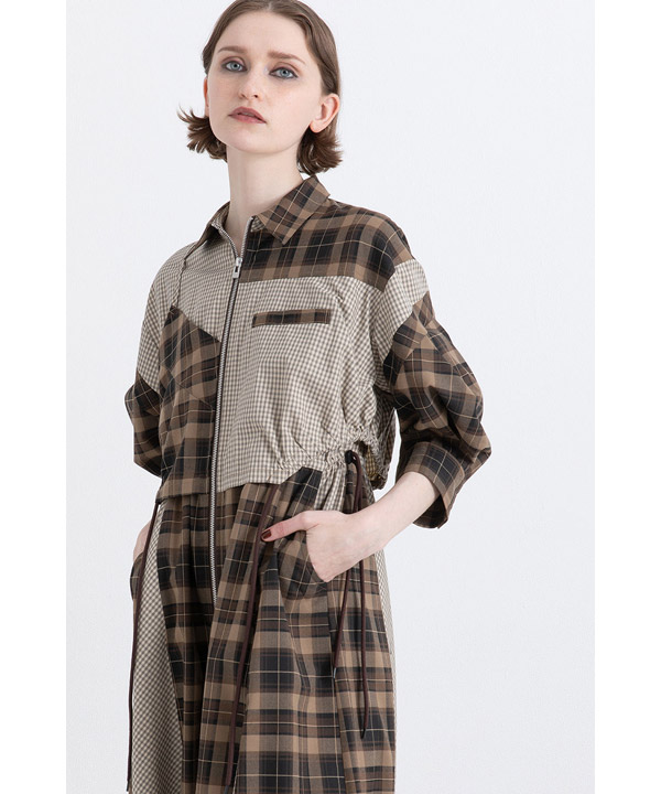 DRAWSTRING CHECK SHIRT ONE PIECE -ブラウン-