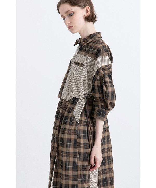 DRAWSTRING CHECK SHIRT ONE PIECE -ブラウン-