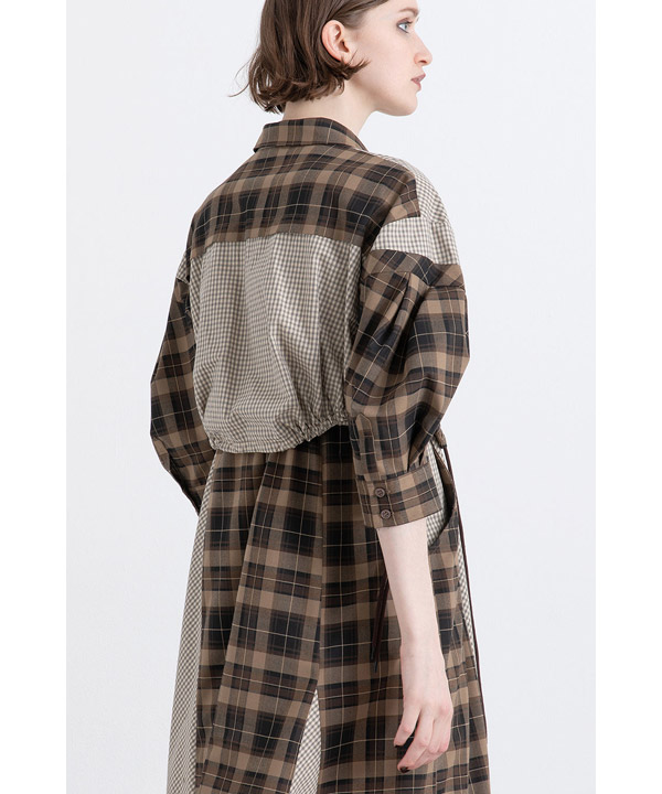 DRAWSTRING CHECK SHIRT ONE PIECE -ブラウン-