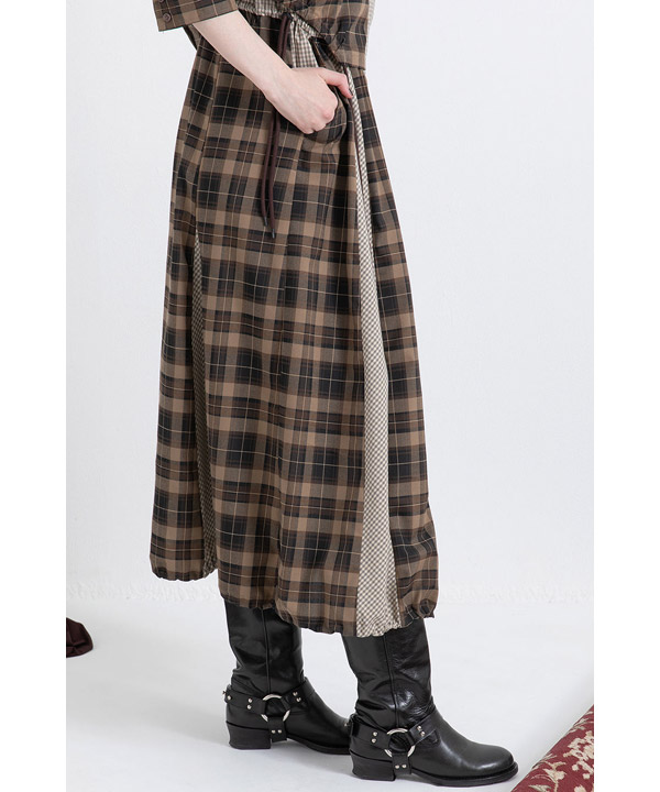 DRAWSTRING CHECK SHIRT ONE PIECE -ブラウン-