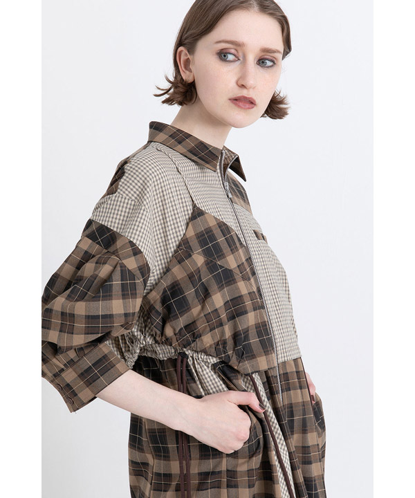 DRAWSTRING CHECK SHIRT ONE PIECE -ブラウン-