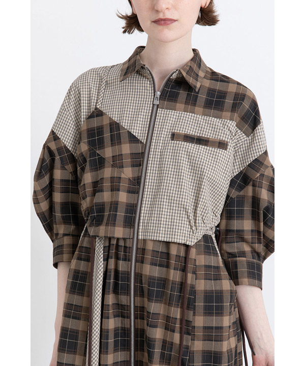 DRAWSTRING CHECK SHIRT ONE PIECE -ブラウン-