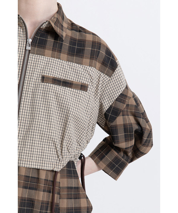 DRAWSTRING CHECK SHIRT ONE PIECE -ブラウン-