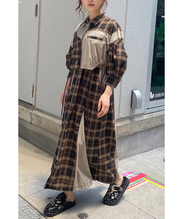 DRAWSTRING CHECK SHIRT ONE PIECE -ブラウン-