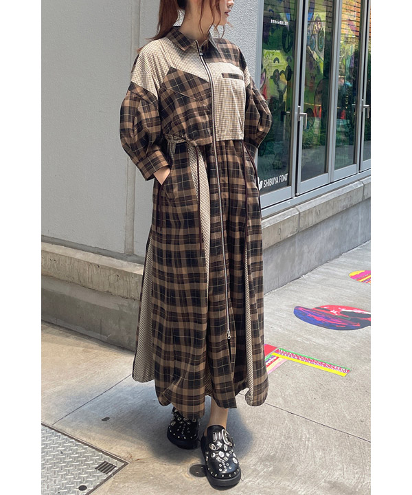 DRAWSTRING CHECK SHIRT ONE PIECE -ブラウン-