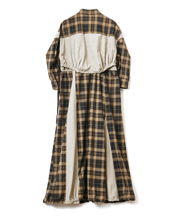DRAWSTRING CHECK SHIRT ONE PIECE -ブラウン-