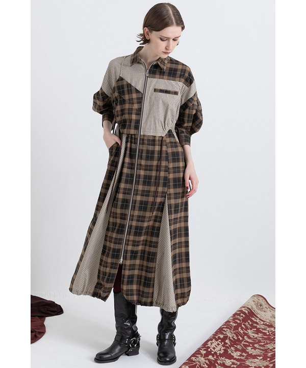 DRAWSTRING CHECK SHIRT ONE PIECE -ブラウン-