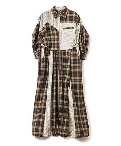 DRAWSTRING CHECK SHIRT ONE PIECE -ブラウン-